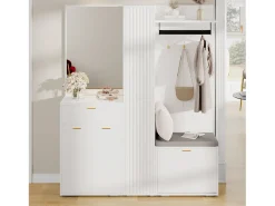 Móvel De Entrada*Merax Guarda-roupa/cabideiro - 150 x 36 x 180 cm - com banco para sapatos + armário + espelho + gavetas - aglomerado - Branco