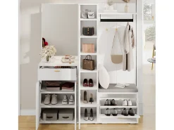 Móvel De Entrada*Merax Guarda-roupa/cabideiro - 150 x 36 x 180 cm - com banco para sapatos + armário + espelho + gavetas - aglomerado - Branco