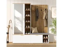 Discount Merax Guarda-roupa/cabideiro - 160 x 38 x 180 cm - com armário e banco para sapatos + varão para pendurar roupas + 4 ganchos + espelho + portas - aglomerado - Branco