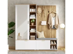 Discount Merax Guarda-roupa/cabideiro - 160 x 38 x 180 cm - com armário e banco para sapatos + varão para pendurar roupas + 4 ganchos + espelho + portas - aglomerado - Branco