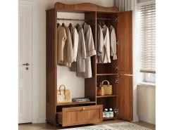 Móvel De Entrada*Merax Guarda-roupa/closet moderno e compacto - 115,5 x 38,5 x 194,5 cm - com espelho + espaço aberto para pendurar roupas + gaveta + 2 portas - MDF - marrom Castanho