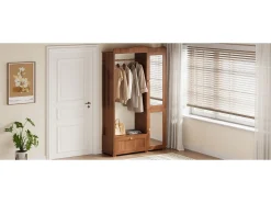 Móvel De Entrada*Merax Guarda-roupa/closet moderno e compacto - 115,5 x 38,5 x 194,5 cm - com espelho + espaço aberto para pendurar roupas + gaveta + 2 portas - MDF - marrom Castanho