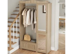 Móvel De Entrada|Merax Guarda-roupa/closet moderno e compacto - 115,5 x 38,5 x 194,5 cm - com espelho + espaço aberto para pendurar roupas + gaveta + 2 portas - MDF - cor natural Natural claro