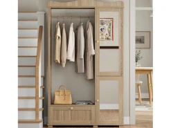 Móvel De Entrada|Merax Guarda-roupa/closet moderno e compacto - 115,5 x 38,5 x 194,5 cm - com espelho + espaço aberto para pendurar roupas + gaveta + 2 portas - MDF - cor natural Natural claro