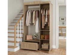 Móvel De Entrada|Merax Guarda-roupa/closet moderno e compacto - 115,5 x 38,5 x 194,5 cm - com espelho + espaço aberto para pendurar roupas + gaveta + 2 portas - MDF - cor natural Natural claro