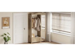 Móvel De Entrada|Merax Guarda-roupa/closet moderno e compacto - 115,5 x 38,5 x 194,5 cm - com espelho + espaço aberto para pendurar roupas + gaveta + 2 portas - MDF - cor natural Natural claro
