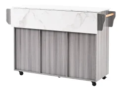 Móvel De Arrumação|ModernLuxe Ilha central de cozinha com 3 gavetas e portas de armazenamento - Tampo extensível - Pés em rodas ou em madeira - Cinza Cinzento