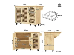 Móvel De Arrumação|Hauss Spole Ilha de cozinha com 2 portas e 3 gavetas, tampo extensível, padrão axadrezado, cor natural. Natural claro