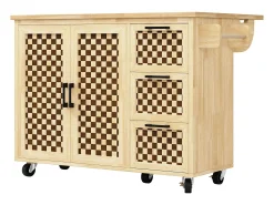Móvel De Arrumação|Hauss Spole Ilha de cozinha com 2 portas e 3 gavetas, tampo extensível, padrão axadrezado, cor natural. Natural claro
