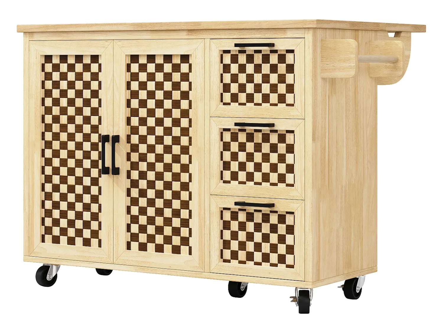 Móvel De Arrumação|Hauss Spole Ilha de cozinha com 2 portas e 3 gavetas, tampo extensível, padrão axadrezado, cor natural. Natural claro