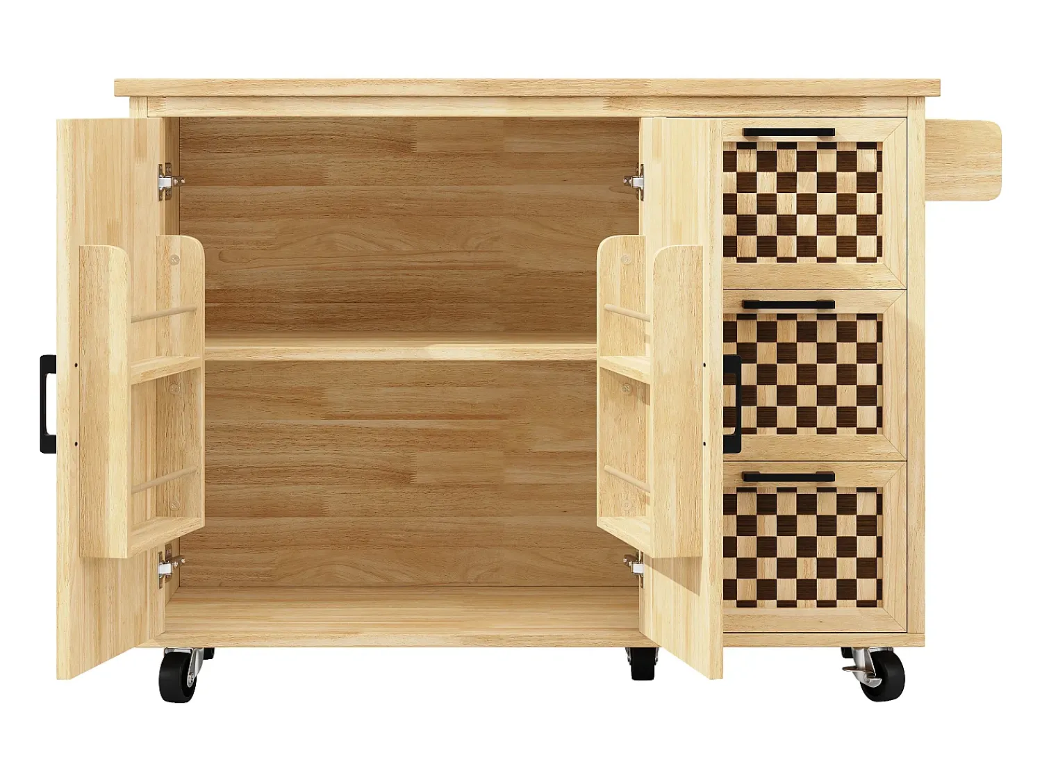 Móvel De Arrumação|Hauss Spole Ilha de cozinha com 2 portas e 3 gavetas, tampo extensível, padrão axadrezado, cor natural. Natural claro