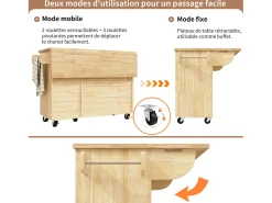 Móvel De Arrumação|Hauss Spole Ilha de cozinha com 2 portas e 3 gavetas, tampo extensível, padrão axadrezado, cor natural. Natural claro