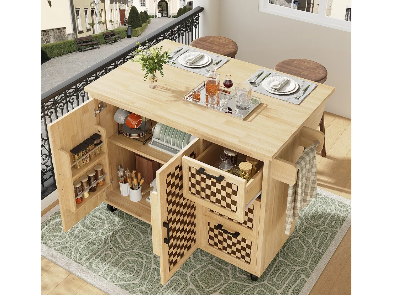 Móvel De Arrumação|Hauss Spole Ilha de cozinha com 2 portas e 3 gavetas, tampo extensível, padrão axadrezado, cor natural. Natural claro
