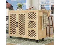 Móvel De Arrumação|Hauss Spole Ilha de cozinha com 2 portas e 3 gavetas, tampo extensível, padrão axadrezado, cor natural. Natural claro