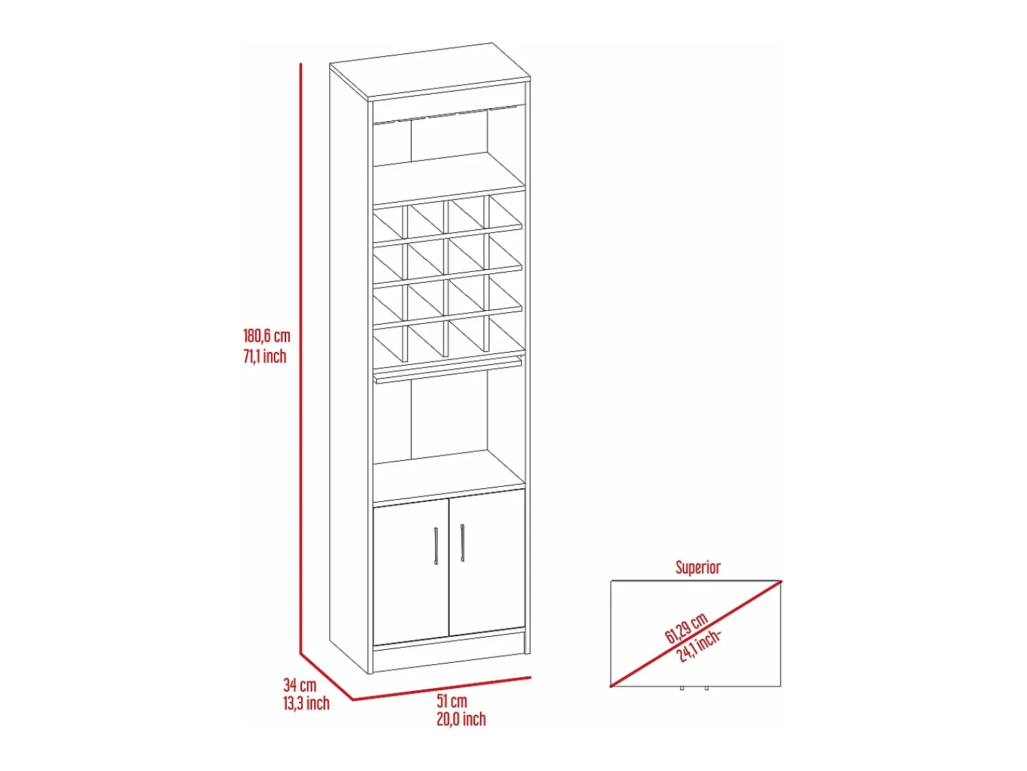 Móvel De Bar*TuHome Kava Espresso Melamine Bar Cabinet with Cup Shelf and Lower Cabinet, 180.6 cm X 51 cm X 34 cm, Multicolor Multicor