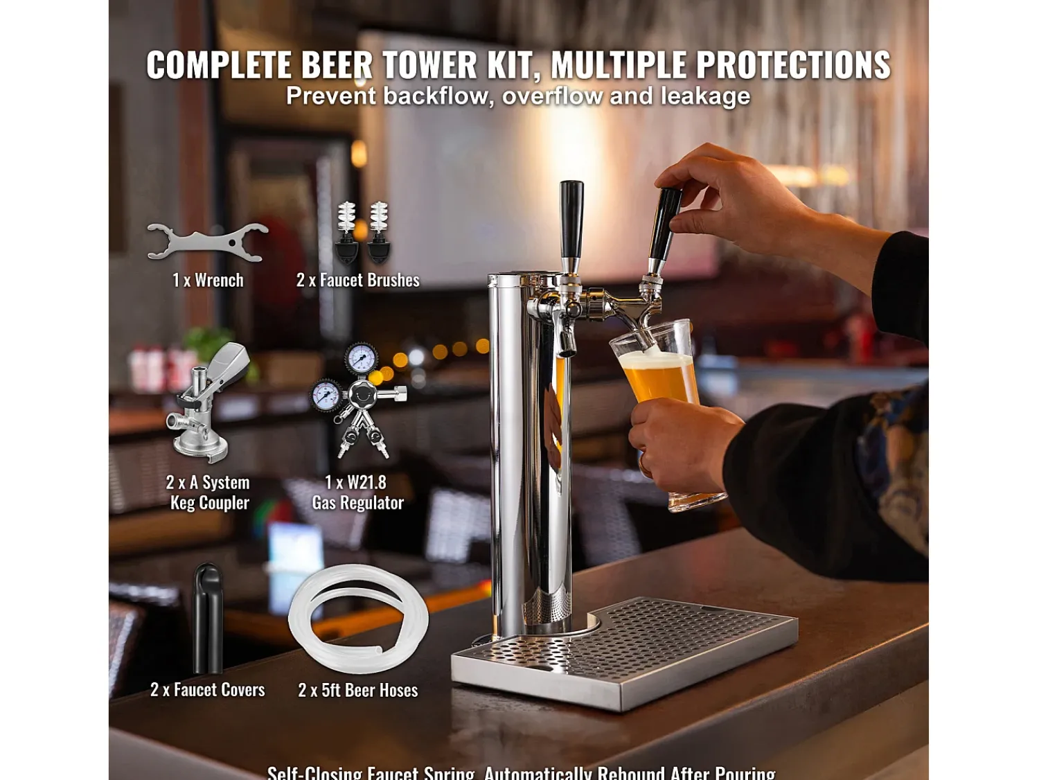 New Kit de Coluna de Cerveja SucceBuy, Kit de Coluna de Cerveja com Duplo Robô, Distribuidor de Cerveja e Bebida de Aço Inoxidável, para Bar Restaurante Prateado