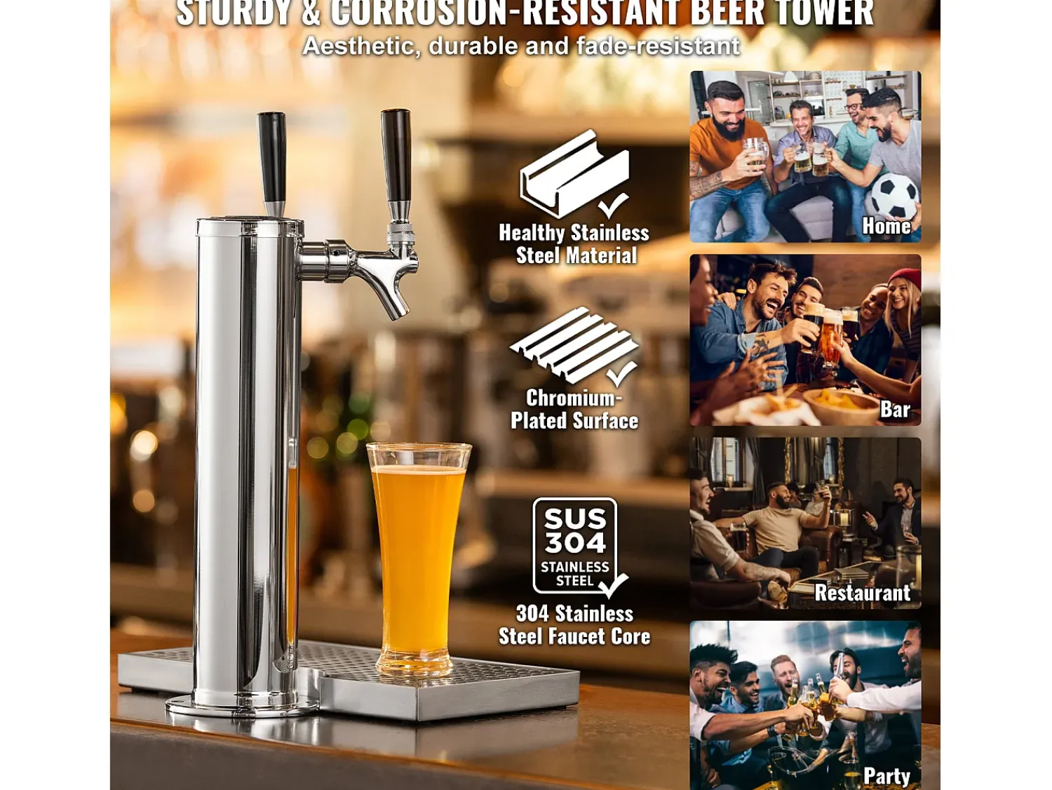 New Kit de Coluna de Cerveja SucceBuy, Kit de Coluna de Cerveja com Duplo Robô, Distribuidor de Cerveja e Bebida de Aço Inoxidável, para Bar Restaurante Prateado