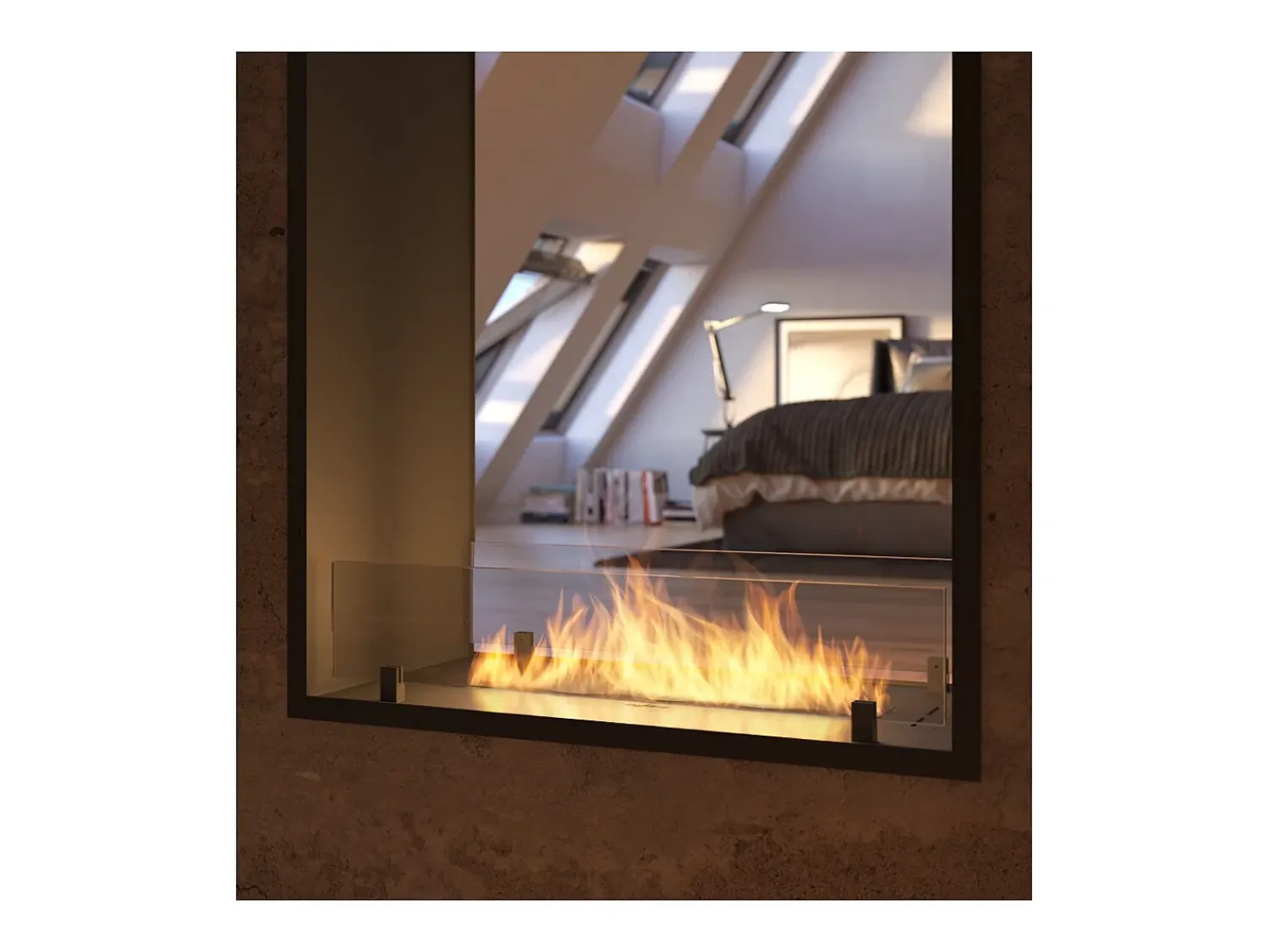 Lareira| Lareira a Bioetanol 2 Lados 1400 Slim Vert Embutida com Duas Frentes - Fosco, com Vidro, Queimador de 1,2L, Design Moderno Preto
