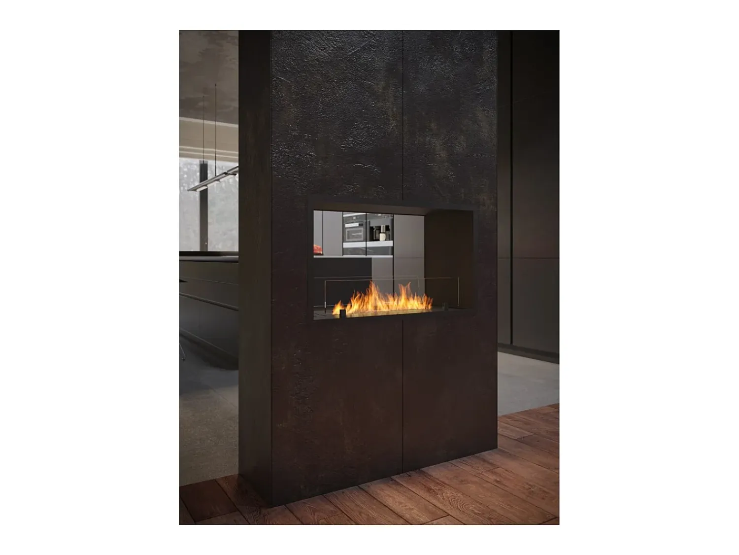 Lareira| Lareira a Bioetanol 2 Lados 800 Slim Embutida com Duas Frentes - Fosco, com Vidro, Queimador de 1L, Design Moderno Preto