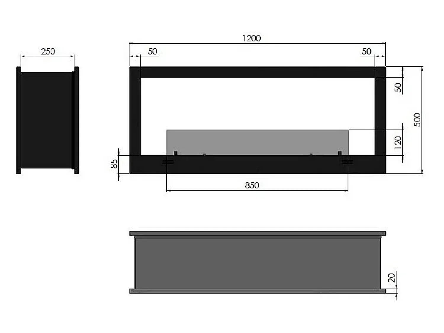 Outlet Lareira a bioetanol de parede design de parede dupla face preta mate com vidro protetor 2 lados 1200 Preto