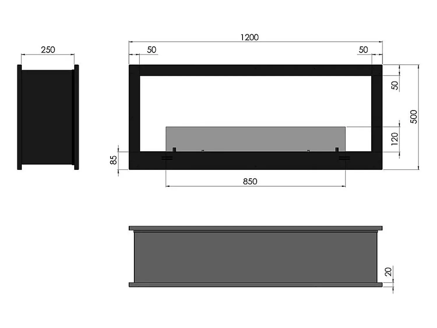 Outlet Lareira a bioetanol de parede design de parede dupla face preta mate com vidro protetor 2 lados 1200 Preto
