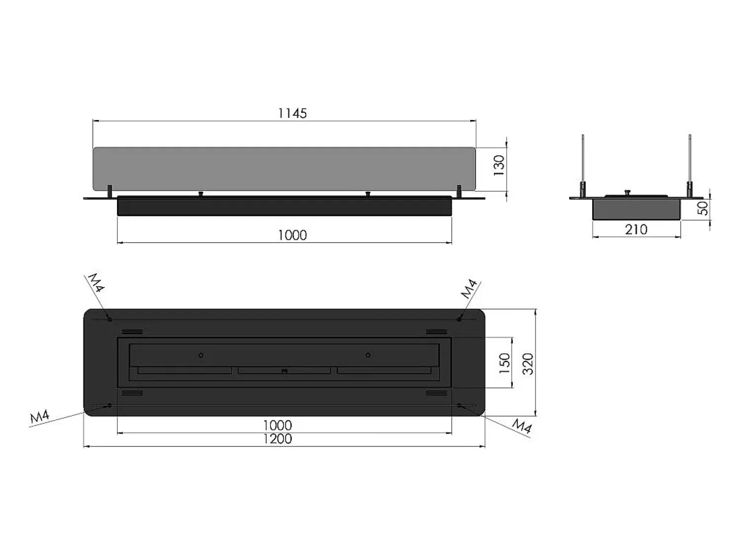Lareira| Lareira Bioetanol Embutida ou Independente Insert Black 1200 - Lareira Bioetanol Slim Preta com Dois Painéis de Vidro, Tanque de 3L - 120cm Preto