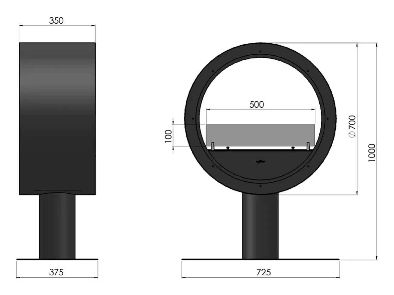 Lareira* Lareira de bancada a bioetanol Incyrcle Stand de 2 lados - Biolareira de design redondo com fachada dupla d.70cm Preto