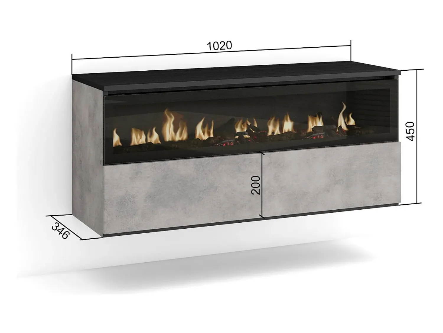 Skraut Home Lareira eléctrica LED, 102x35x45cm, 1 abertura, 1 porta, Lareira eléctrica, Suspensos, Cimento^ Lareira