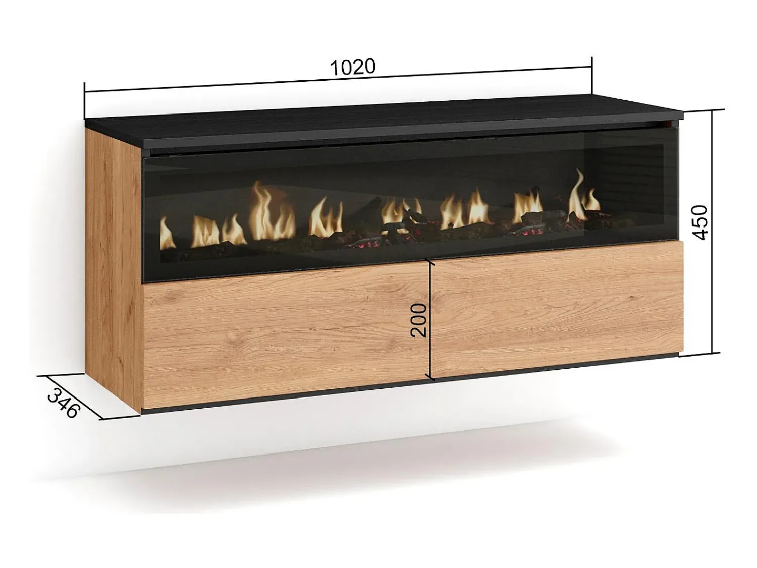 Lareira*Skraut Home Lareira eléctrica LED, 102x35x45cm, 1 abertura, 1 porta, Lareira eléctrica, Suspensos, Carvahlo e preto Natural claro