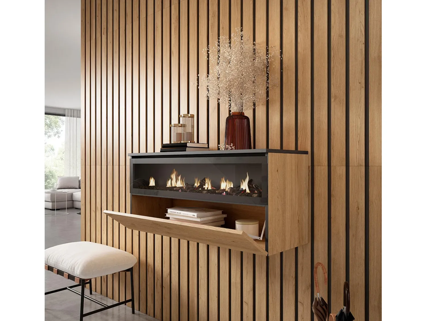 Lareira*Skraut Home Lareira eléctrica LED, 102x35x45cm, 1 abertura, 1 porta, Lareira eléctrica, Suspensos, Carvahlo e preto Natural claro