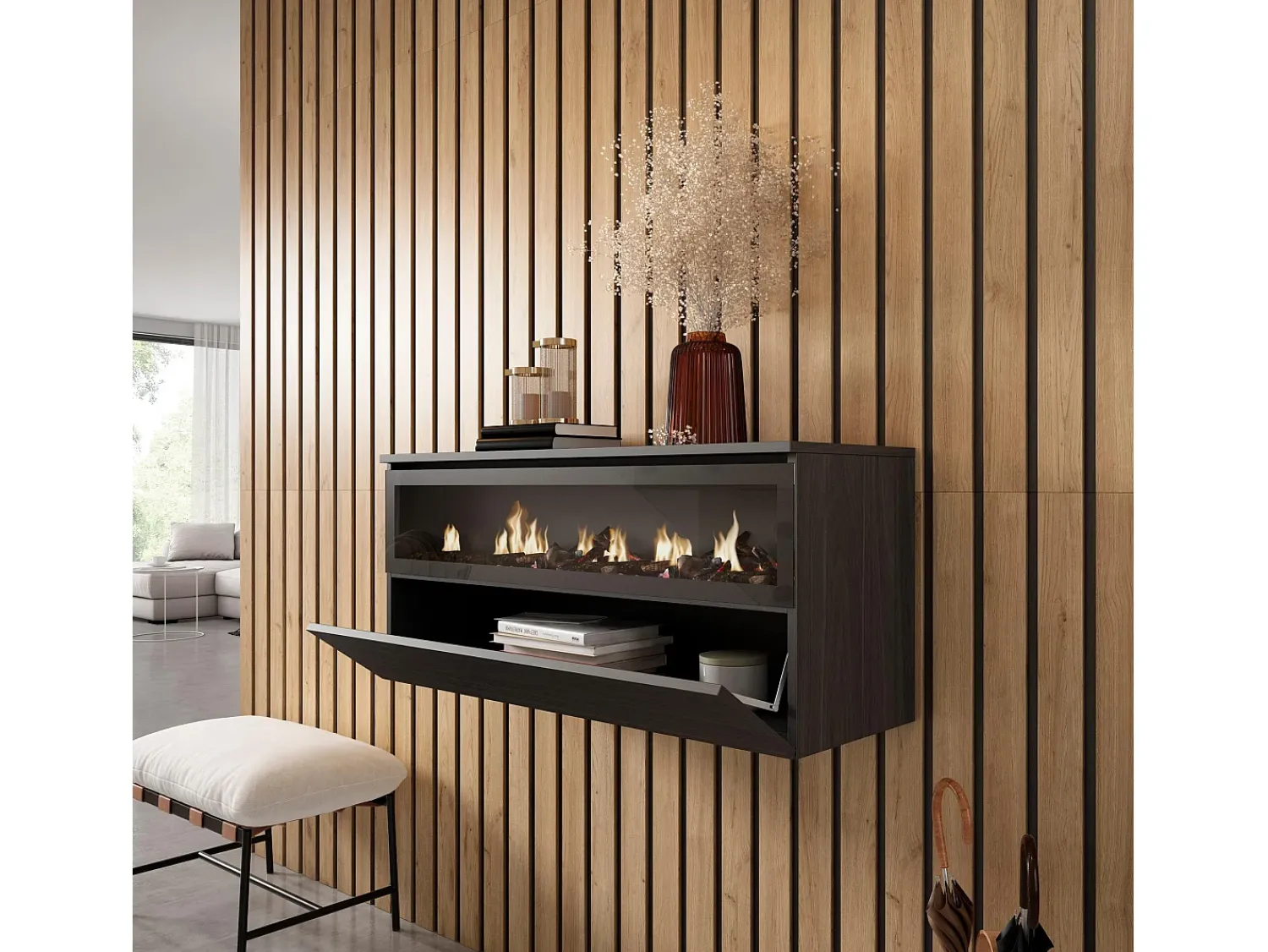 Skraut Home Lareira eléctrica LED, 102x35x45cm, 1 abertura, 1 porta, Lareira eléctrica, Suspensos,^ Lareira