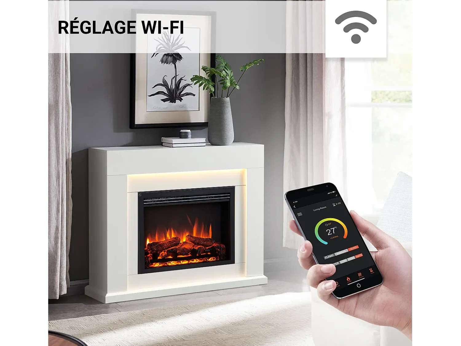 Lareira elétrica BALDERIA Elektra ñEfeito de chama 3D, iluminação LED, potência de aquecimento 1ñ2 kW, comando à distância -^ Lareira