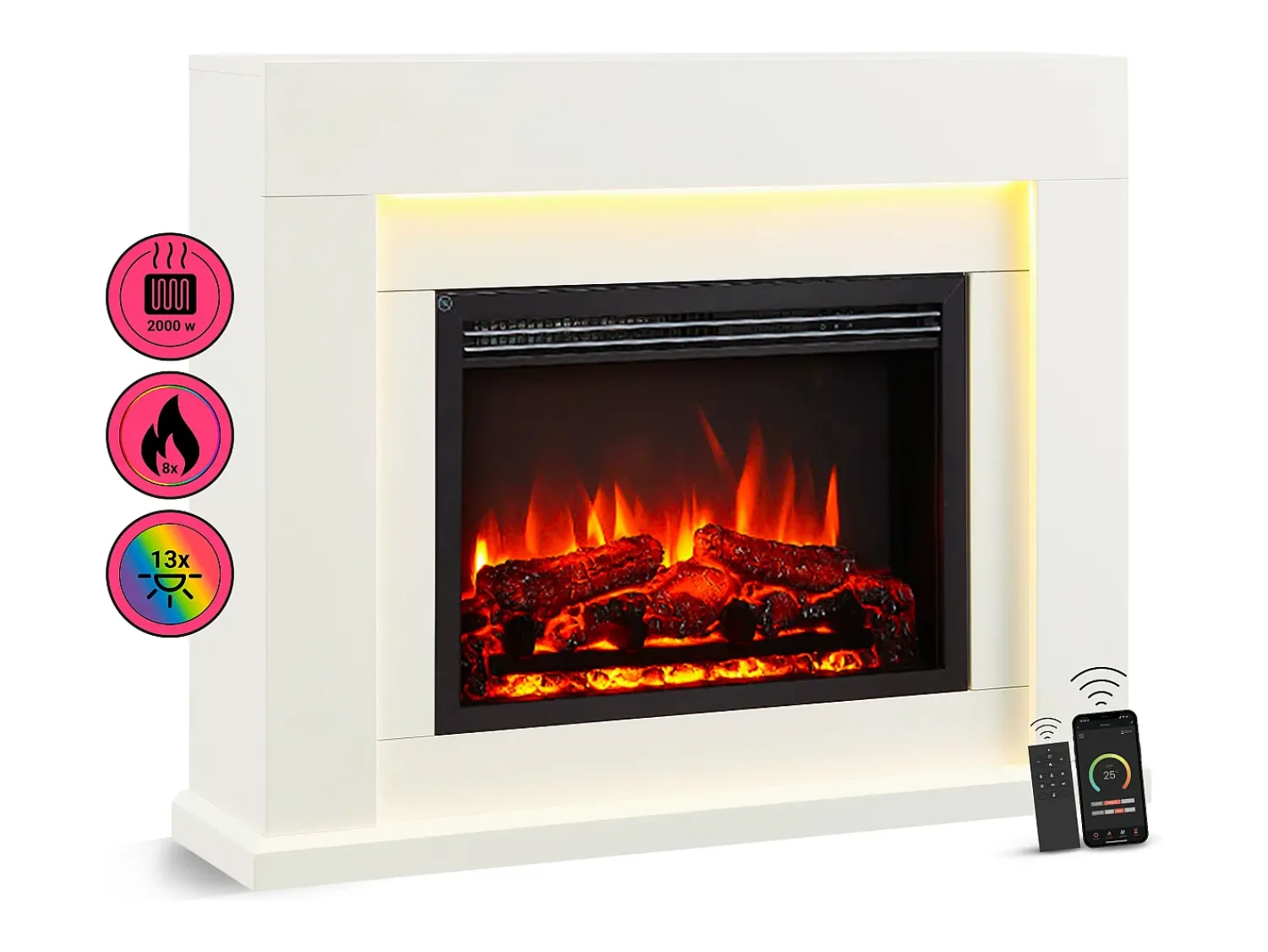 Lareira elétrica BALDERIA Elektra ñEfeito de chama 3D, iluminação LED, potência de aquecimento 1ñ2 kW, comando à distância -^ Lareira