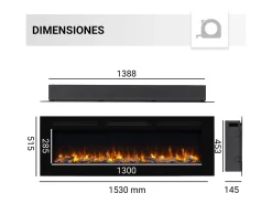 Lareira| Lareira elétrica BALDERIA Fiamma 60 - Lareira embutida, aquecimento 2000 W - Preto