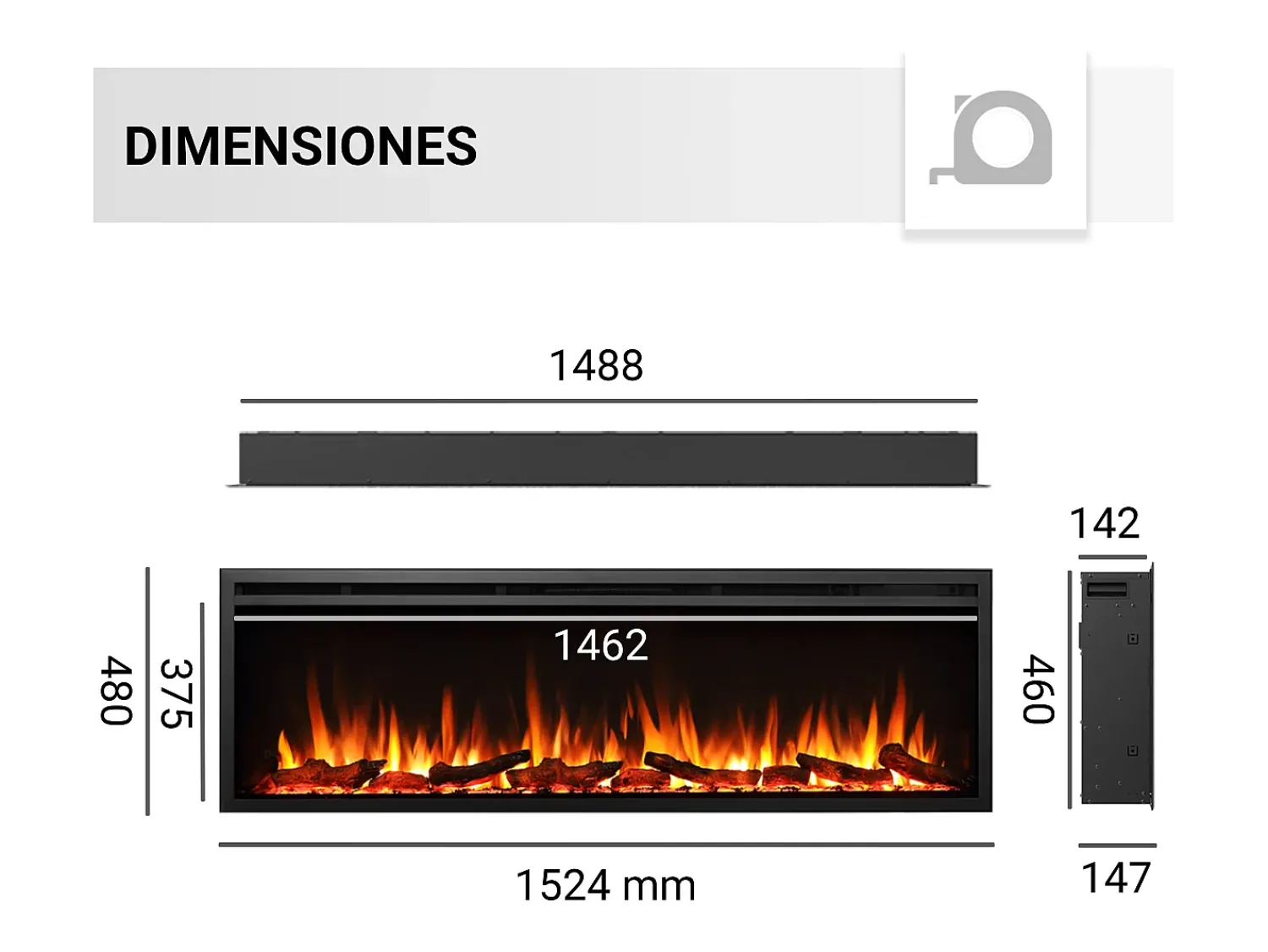 Lareira| Lareira elétrica BALDERIA Atalanta 60 - Lareira embutida, 1500 W - Preto
