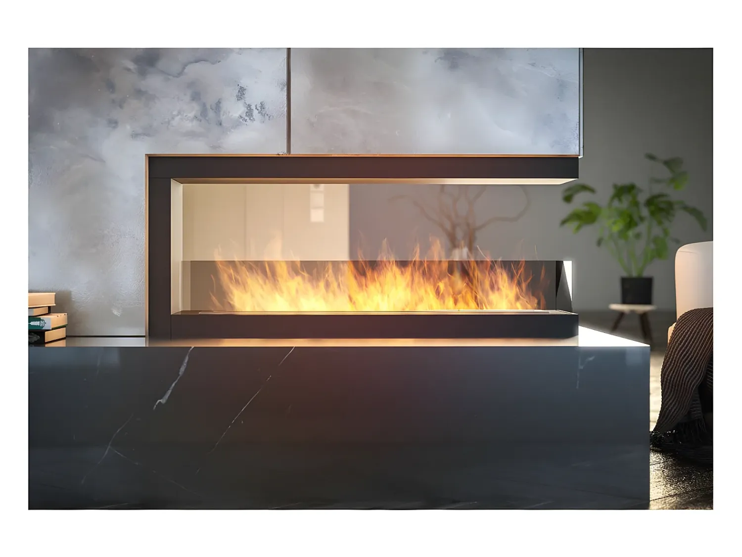 Lareira* Lareira embutida a bioetanol design U1200 com vidro aberto em 3 lados Queimador de 3 litros Preto