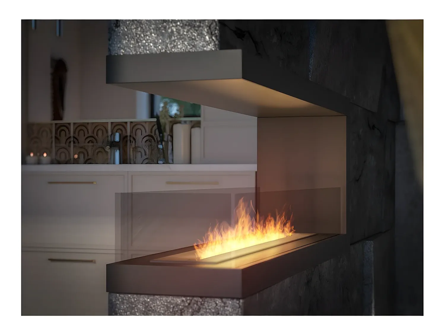 Lareira* Lareira embutida a bioetanol design U1200 com vidro aberto em 3 lados Queimador de 3 litros Preto