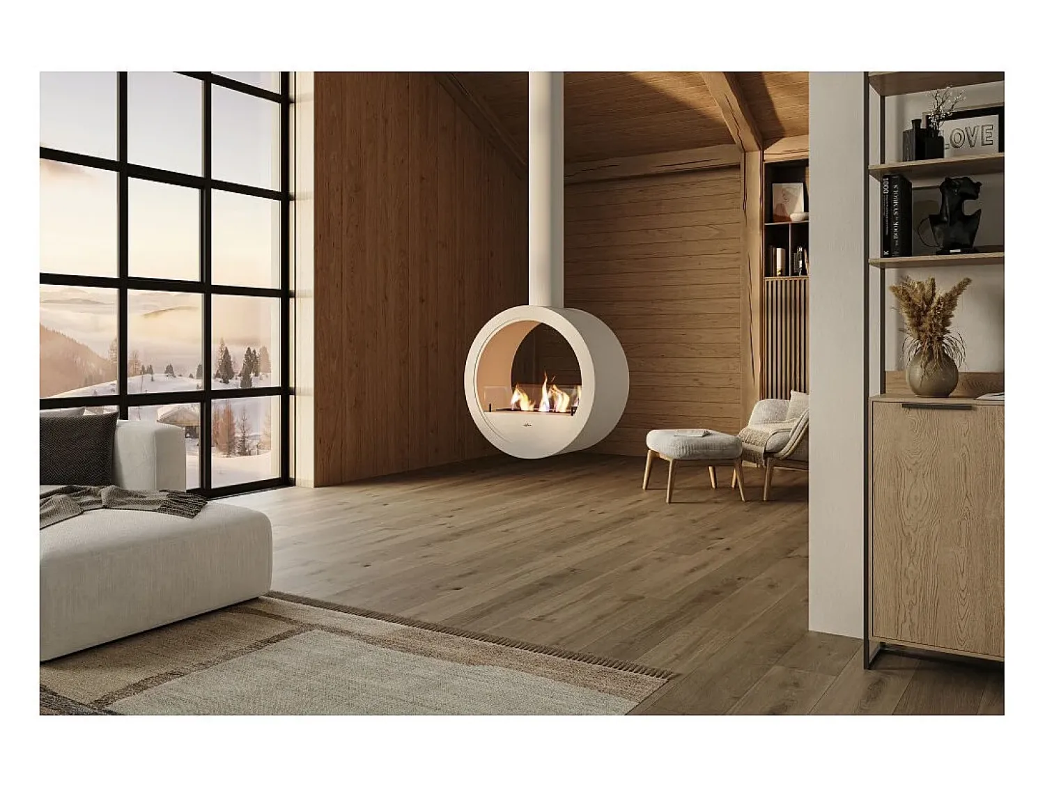 Lareira| Lareira suspensa a bioetanol Incyrcle Slim de 2 lados no teto - Biolareira de design redondo com fachada dupla aberta d.70cm branca Branco