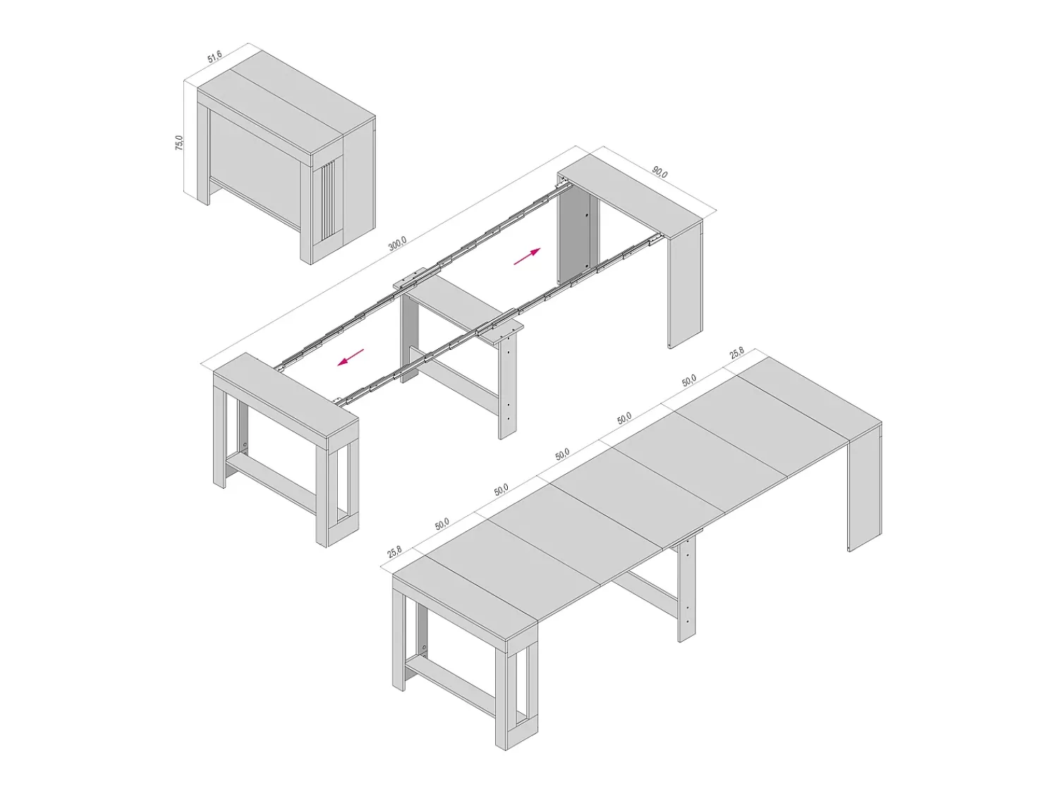 Consola* LAURA - Mesa de consola, 51,6 cm de profundidade / 3 m de comprimento - para 12 pessoas Branco sujo