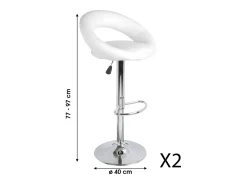 Banco*Meublorama Lot de 2 tabourets de bar réglables en hauteur 77-97 cm – Assise simili cuir PU blanc, pied en métal gris, diamètre 40 cm Branco