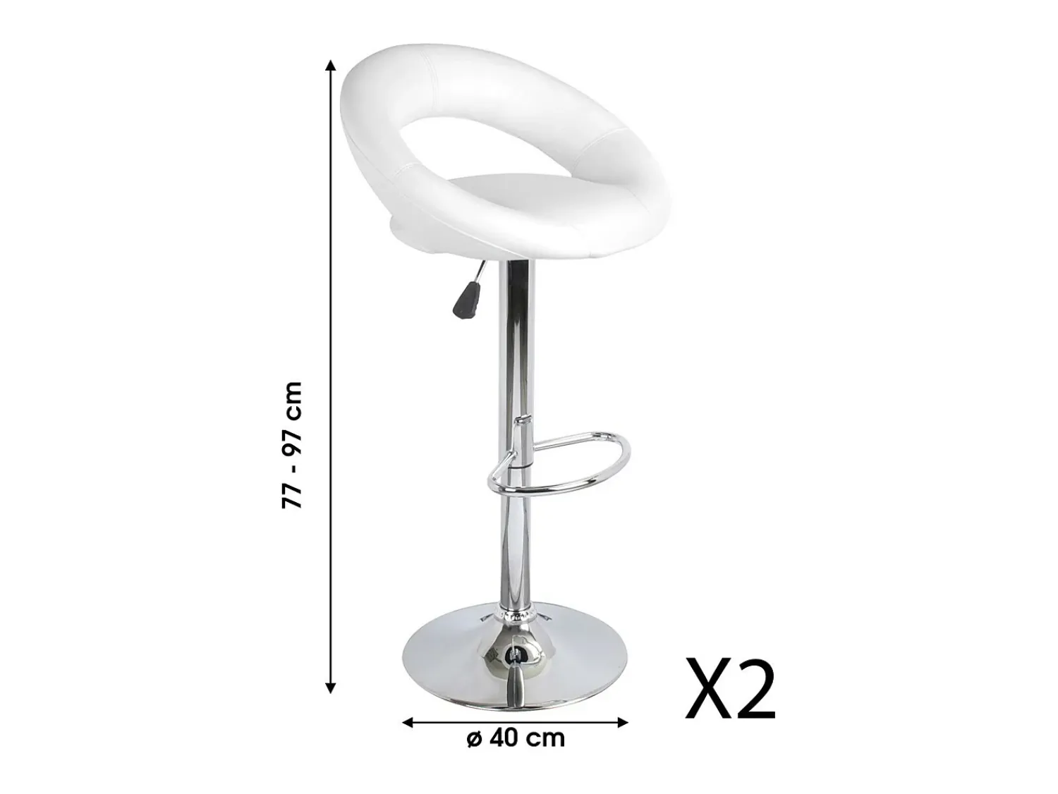 Banco*Meublorama Lot de 2 tabourets de bar réglables en hauteur 77-97 cm – Assise simili cuir PU blanc, pied en métal gris, diamètre 40 cm Branco