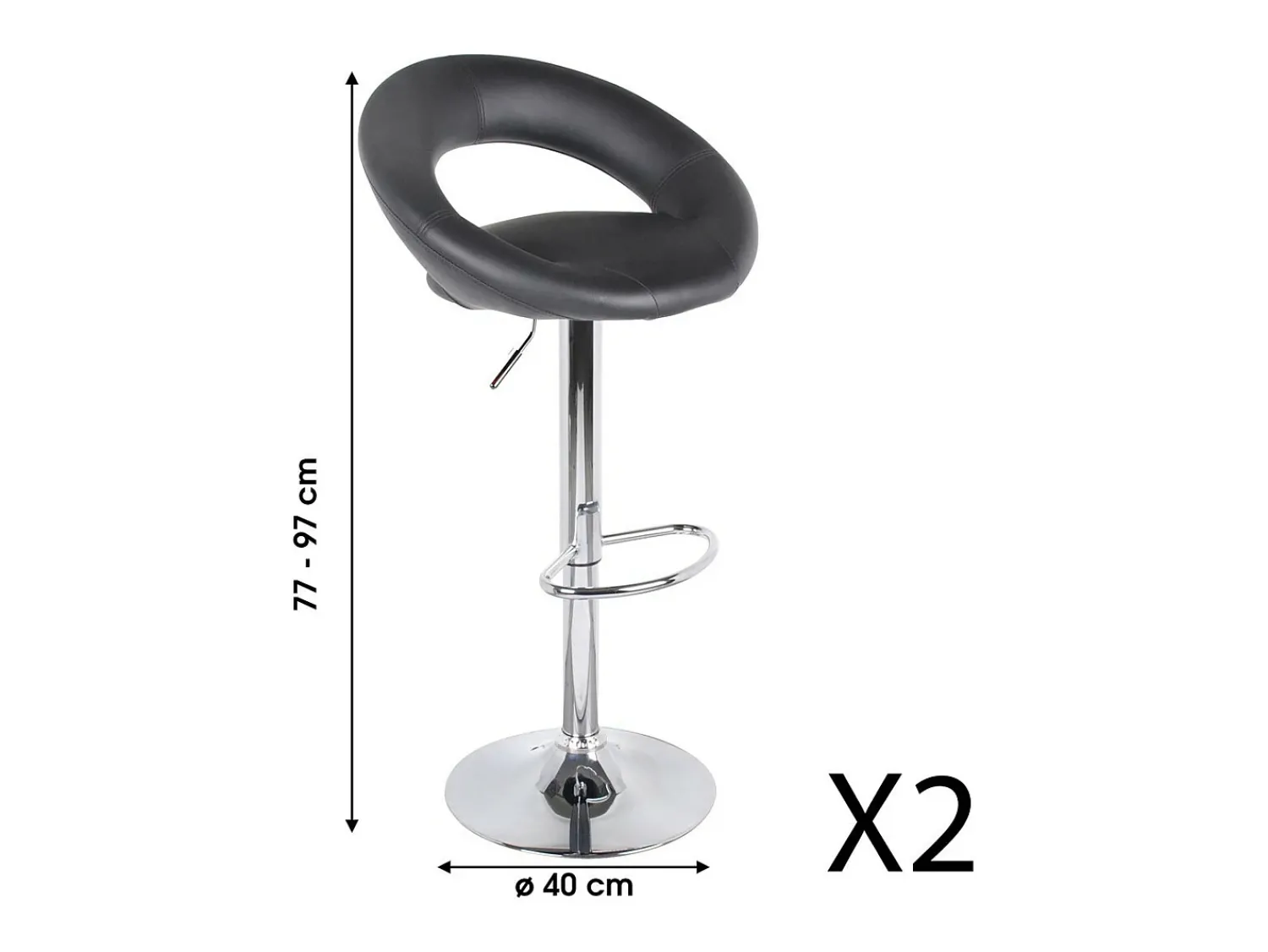 Banco*Meublorama Lot de 2 tabourets de bar réglables en hauteur 77-97 cm – Assise simili cuir PU noir, pied en métal gris, diamètre 40 cm Preto