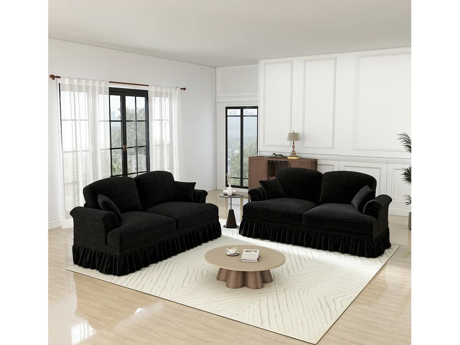 Sofá*DripeX Lote 2 Sofás Chenille 2 Lugares - Capa Removível e 4 Almofadas - 194x83.5x93cm - Preto
