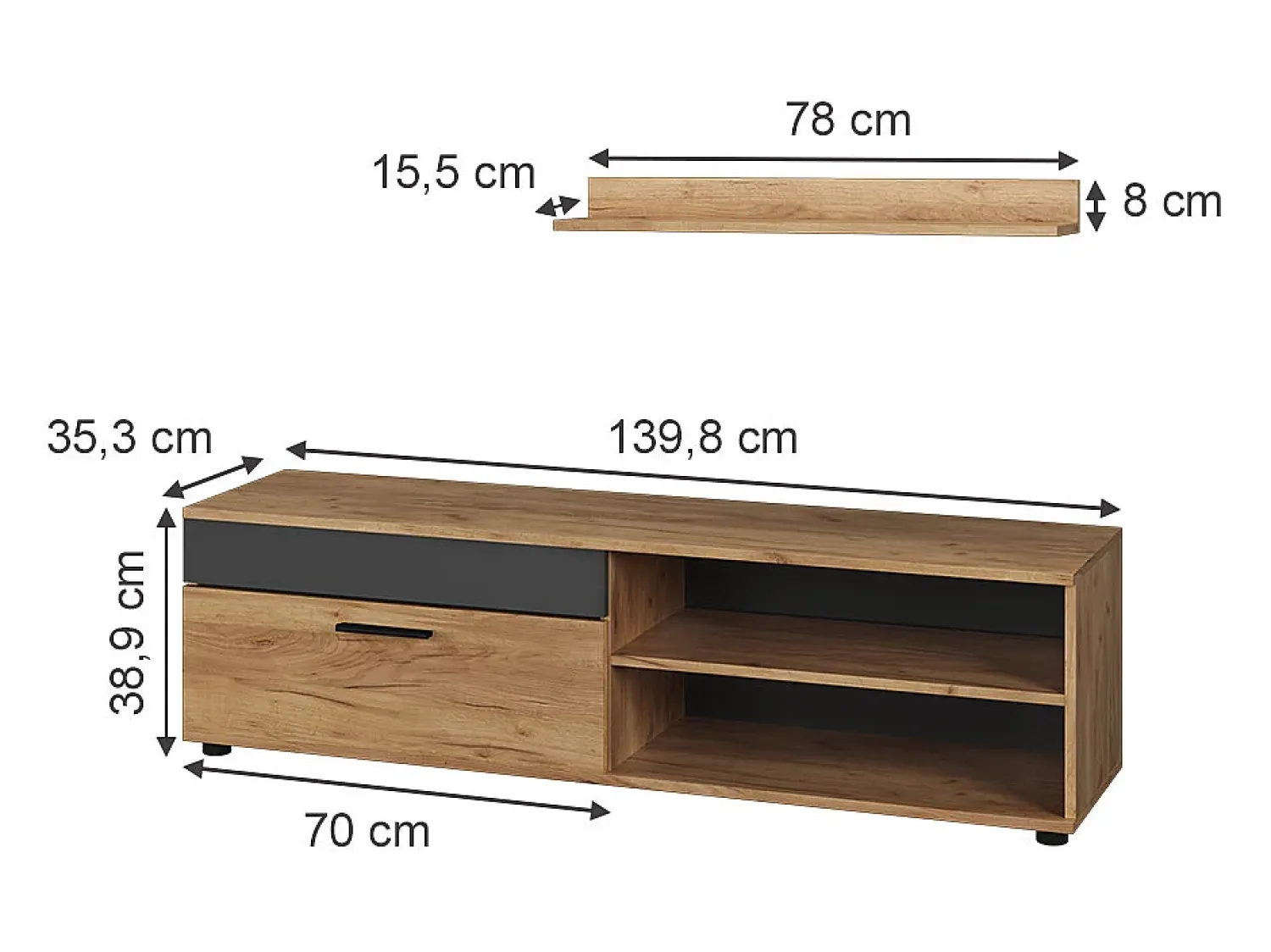 Móvel De Tv|Vicco Lowboard & Regal carvalho goldkraft/antracite 139.8x35.3x38.9 berno Natural escuro