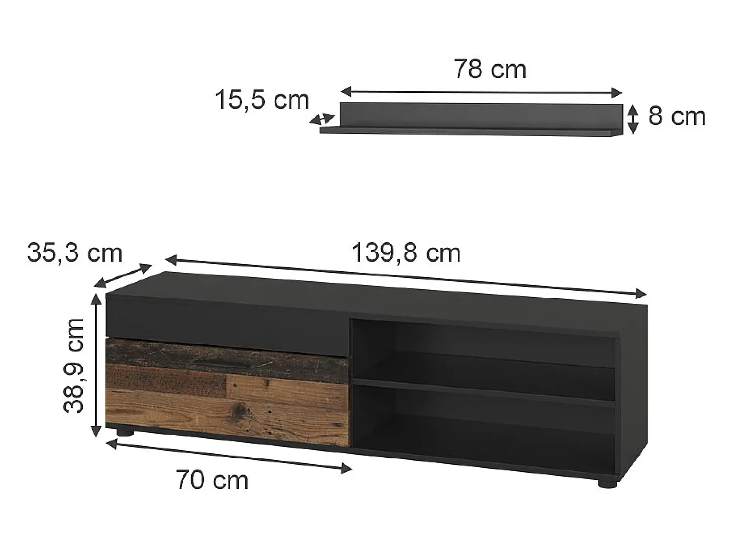 Móvel De Tv*Vicco Lowboard & Regal /estilo antigo 139.8x35.3x38.9 berno Preto