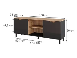 Móvel De Tv|Vicco Lowboard antracite/artesanal 150x38x60 marelle Preto