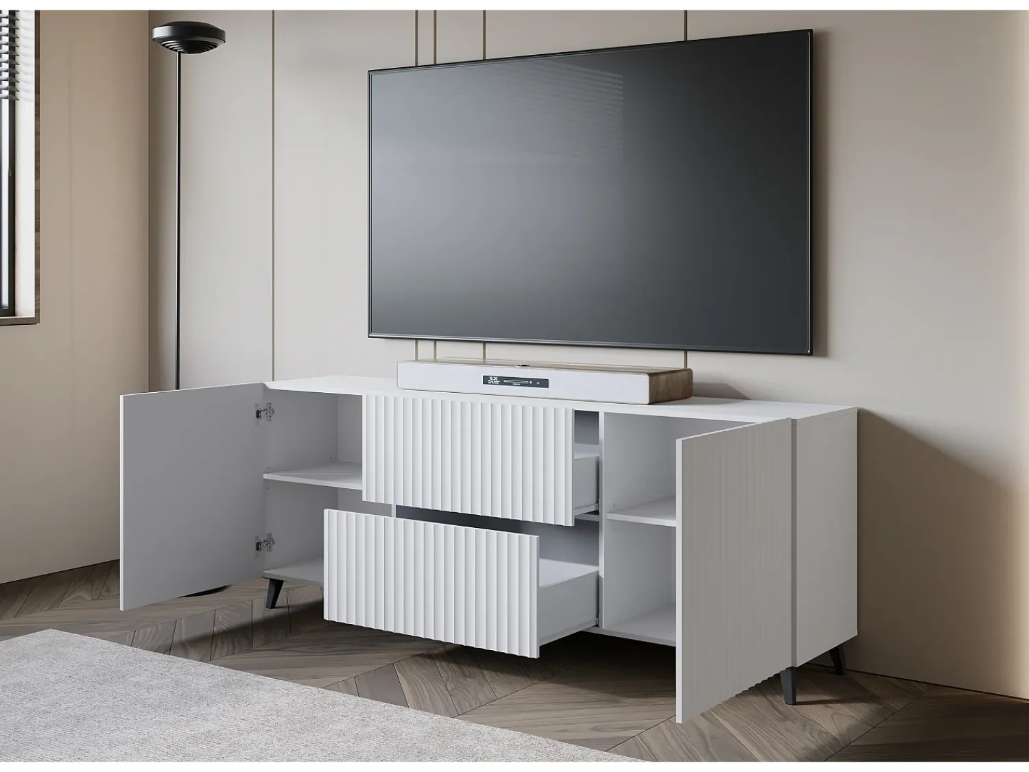 Online Lowboard moderno 180 cm , móvel de TV com frentes caneladas, 2 gavetas e 2 armários laterais Branco