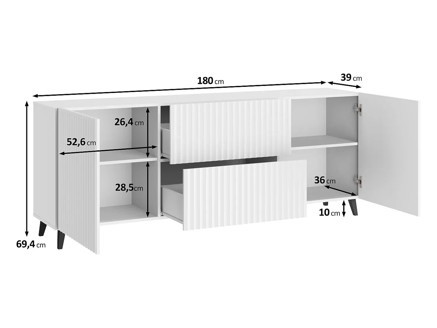 Online Lowboard moderno 180 cm , móvel de TV com frentes caneladas, 2 gavetas e 2 armários laterais Branco