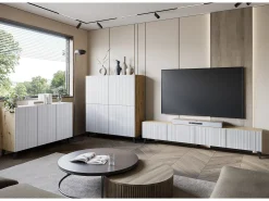 Móvel De Tv| Lowboard moderno 180 cm carvalho artisan com frentes brancas caneladas, 2 gavetas e 2 armários laterais Natural escuro