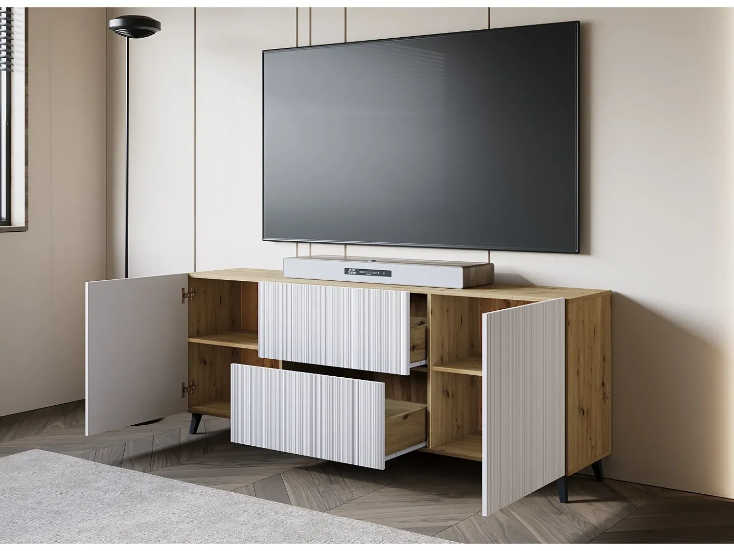 Móvel De Tv| Lowboard moderno 180 cm carvalho artisan com frentes brancas caneladas, 2 gavetas e 2 armários laterais Natural escuro